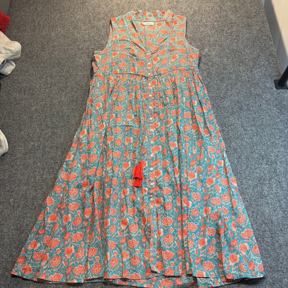Natural Life Floral Cotton Maxi Dress Blue Orange Button Front Boho Tassel M